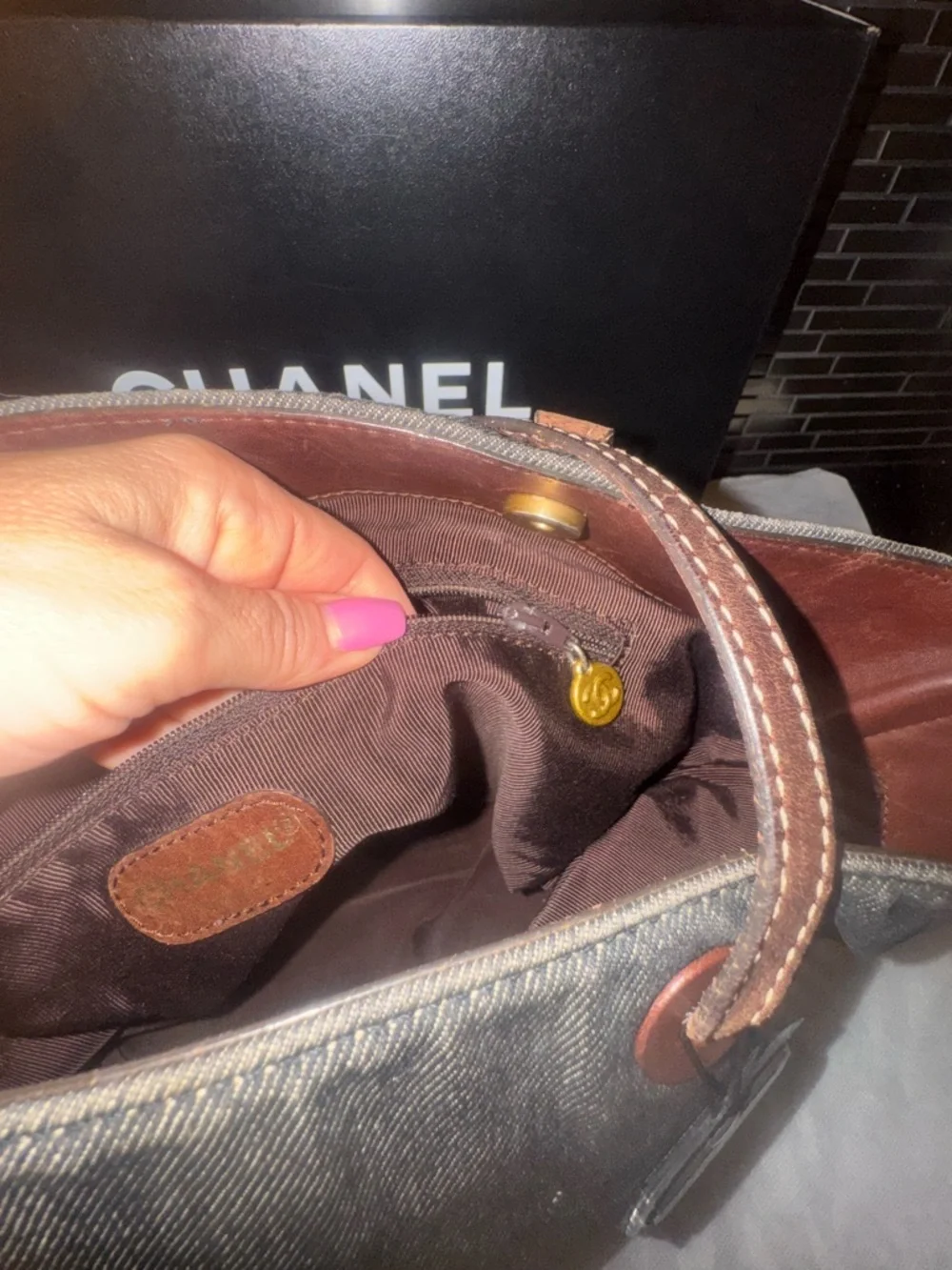 CHANEL Dark Gray Denim Tote with Brown Leather Straps - Picture 8 of 16